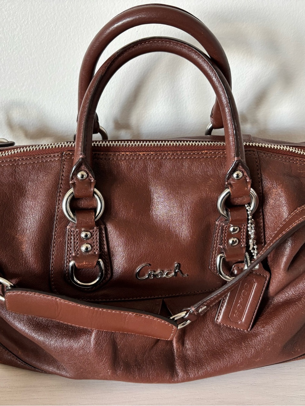 Coach Brown Leather Satchel Handbag with Silver Hardware